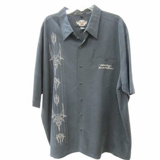 Harley-Davidson Dark Gray Embroidered Skull Motorcycle Men's Button-Up Shirt (XXL/2X)