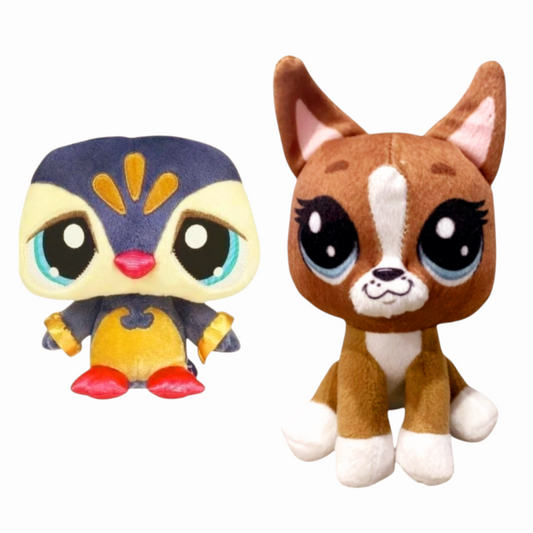 Two (2) Littlest Pet Shop Plushies: Brown Dog "Roxie McTerrior" & Sassiest Penquin