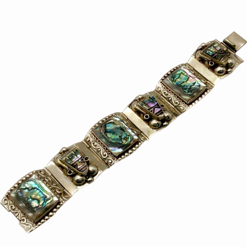 Nice *Vintage 50's Sterling Silver 925 Abalone Multi-Panel Hinged Carved Shell Bracelet