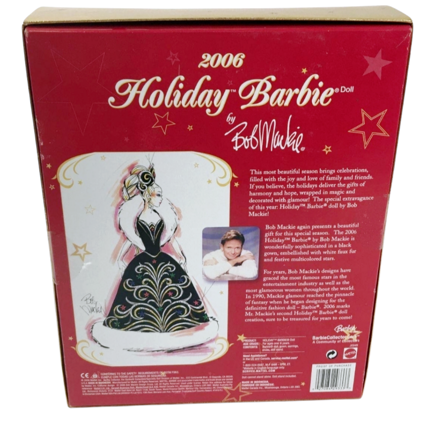 NIB *Mattel 2006 Holiday Barbie Doll by Bob Mackie  Black Gown White Faux Fur