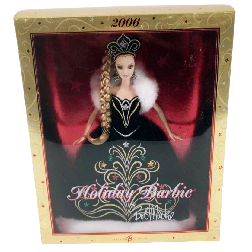 NIB *Mattel 2006 Holiday Barbie Doll by Bob Mackie  Black Gown White Faux Fur