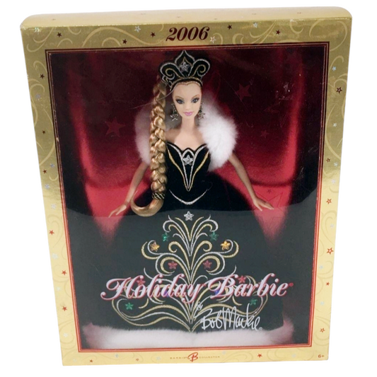 NIB *Mattel 2006 Holiday Barbie Doll by Bob Mackie  Black Gown White Faux Fur