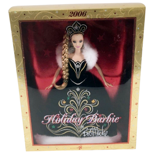 NIB *Mattel 2006 Holiday Barbie Doll by Bob Mackie Black Gown White Faux Fur