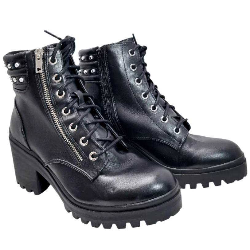 No Boundaries *Women Stud Zip-Up Lug Sole Biker Combat Black Boots Y2K (size 8W)