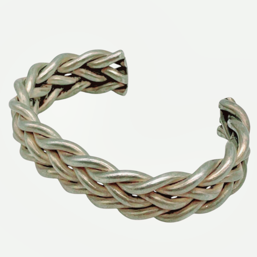 Beautiful *1950s Tribal Silver Cuff w/ Woven Braided Look Bracelet (61.3 Grams)