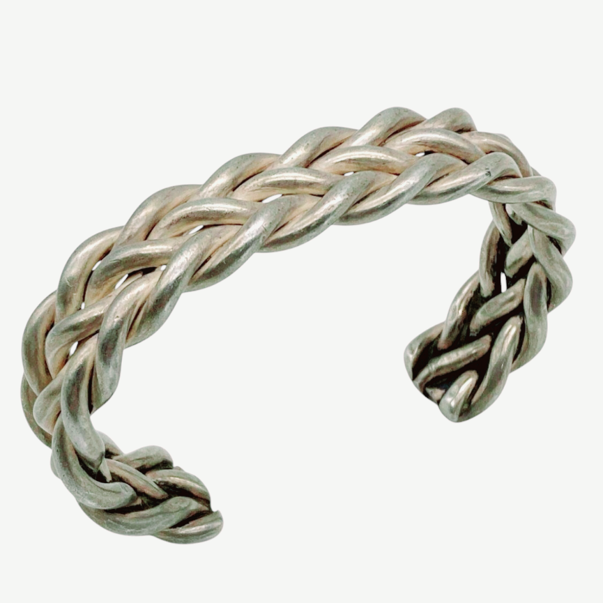 Beautiful *1950s Tribal Silver Cuff w/ Woven Braided Look Bracelet (61.3 Grams)