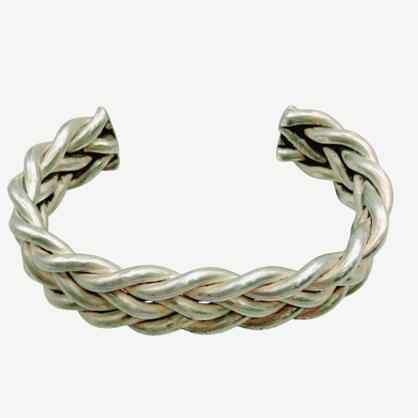 Beautiful *1950s Tribal Silver Cuff w/ Woven Braided Look Bracelet (61.3 Grams)