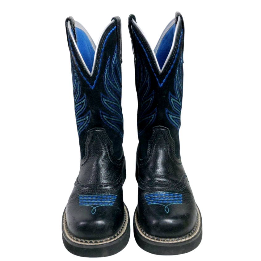 Great *Ariat ProBaby Flame FatBaby Boy's Black/Blue Leather Western Boots (6.5B)