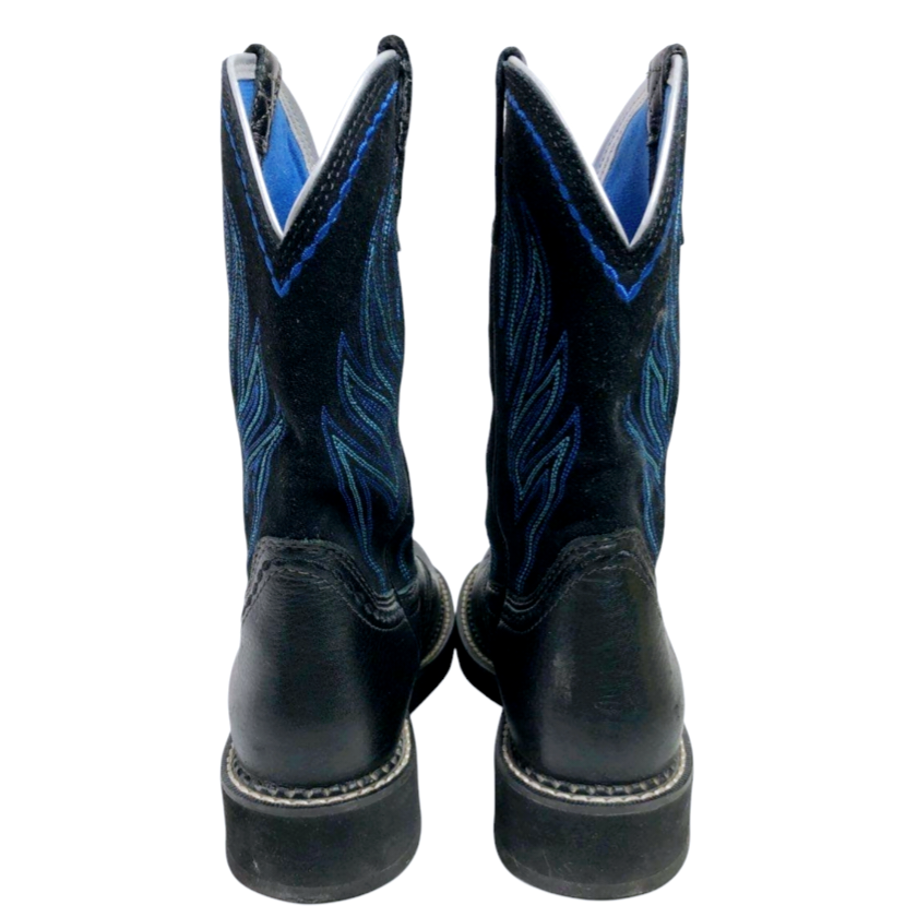 Great *Ariat ProBaby Flame FatBaby Boy's Black/Blue Leather Western Boots (6.5B)