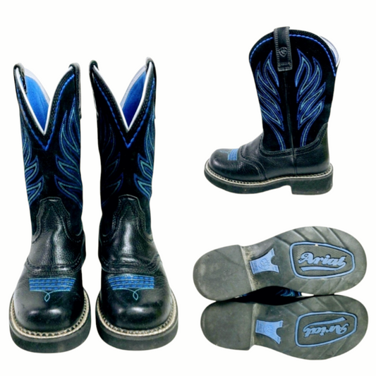 Great *Ariat ProBaby Flame FatBaby Boy's Black/Blue Leather Western Boots (6.5B)