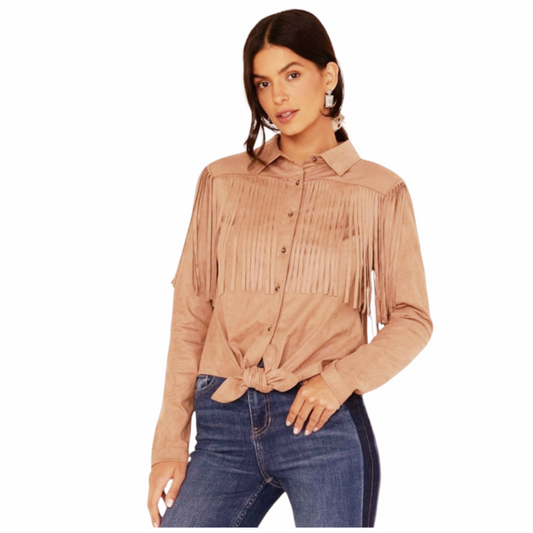 NWT *Idyllwind Women's Fate Tie-Front Faux Suede Fringe Tan Shirt (Size M)