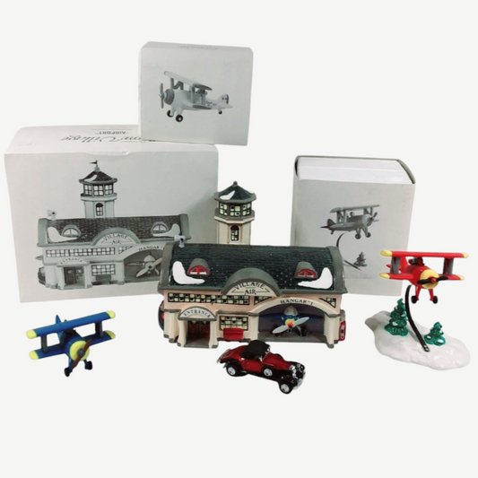 NIB *Snow Village/Dept 56. Lot: Airport, Blue/Red Planes, + Vtg. 1931 Mercedes Benz Car