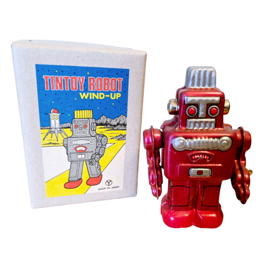 NIB *Vtg Sanko Seisakusho Retro Wind-Up Toy Tin Red Robot (Japan) Spring Action