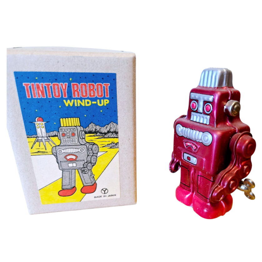 NIB *Vtg Sanko Seisakusho Retro Wind-Up Toy Tin Red Robot (Japan) Spring Action