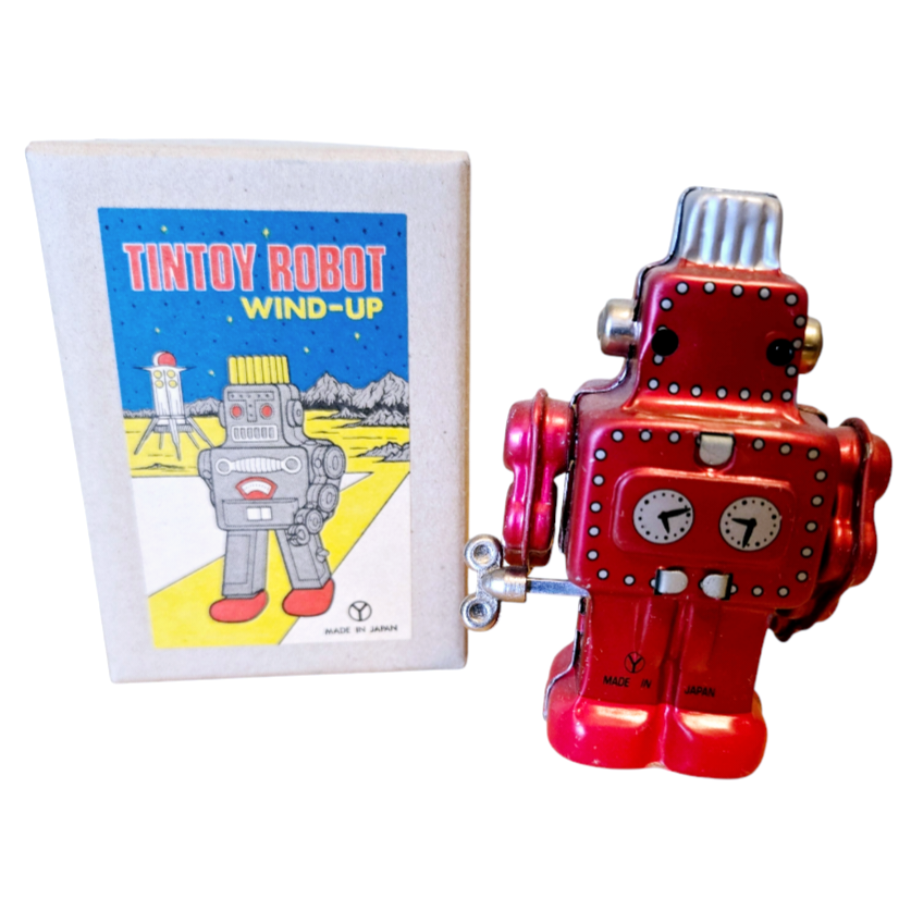 NIB *Vtg Sanko Seisakusho Retro Wind-Up Toy Tin Red Robot (Japan) Spring Action