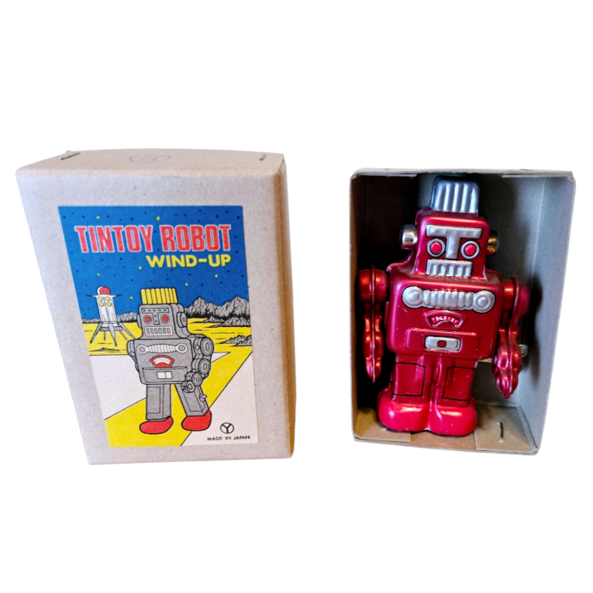 NIB *Vtg Sanko Seisakusho Retro Wind-Up Toy Tin Red Robot (Japan) Spring Action