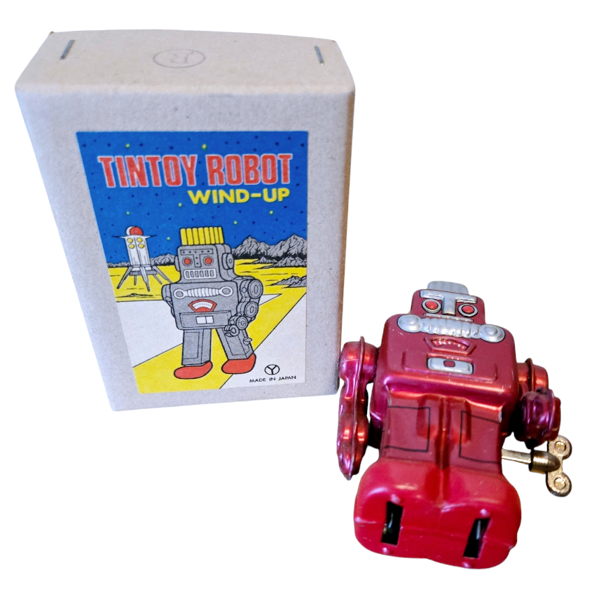 NIB *Vtg Sanko Seisakusho Retro Wind-Up Toy Tin Red Robot (Japan) Spring Action