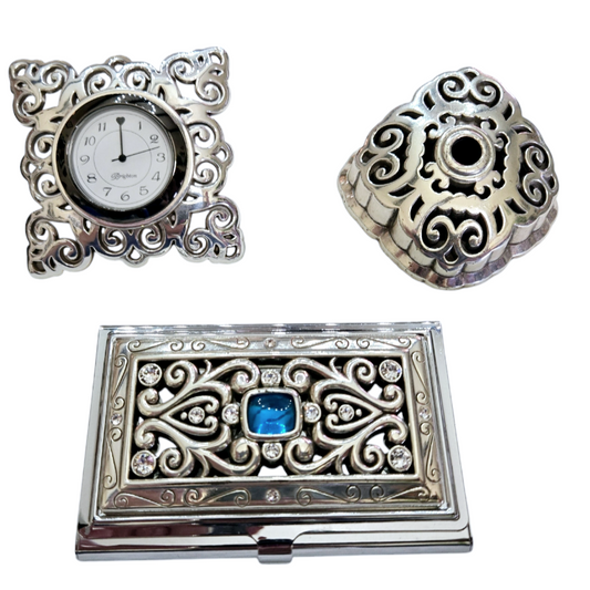 3-pc Silver Brighton Desk Office Clock, Pen Holder & Business Card Holder