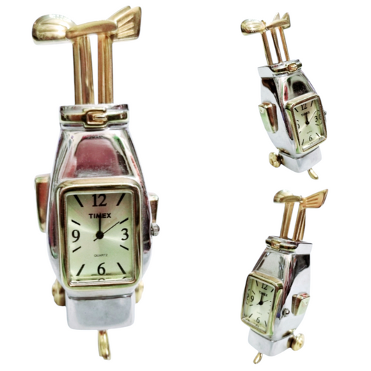 Minature Timex *Vtg. Silver/Gold Golf Bag w/ Clubs Watch Clock Quartz