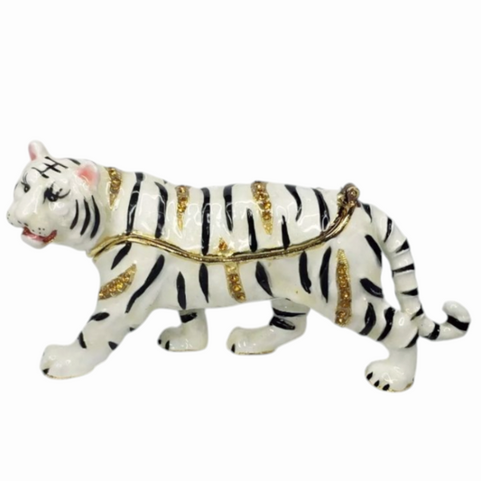 New *Bejeweled Enamel & Rhinestone White Bengal Tiger Trinket Box by Jere