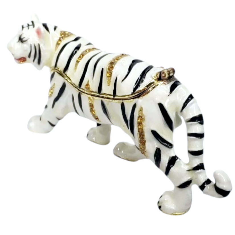 New *Bejeweled Enamel & Rhinestone White Bengal Tiger Trinket Box by Jere