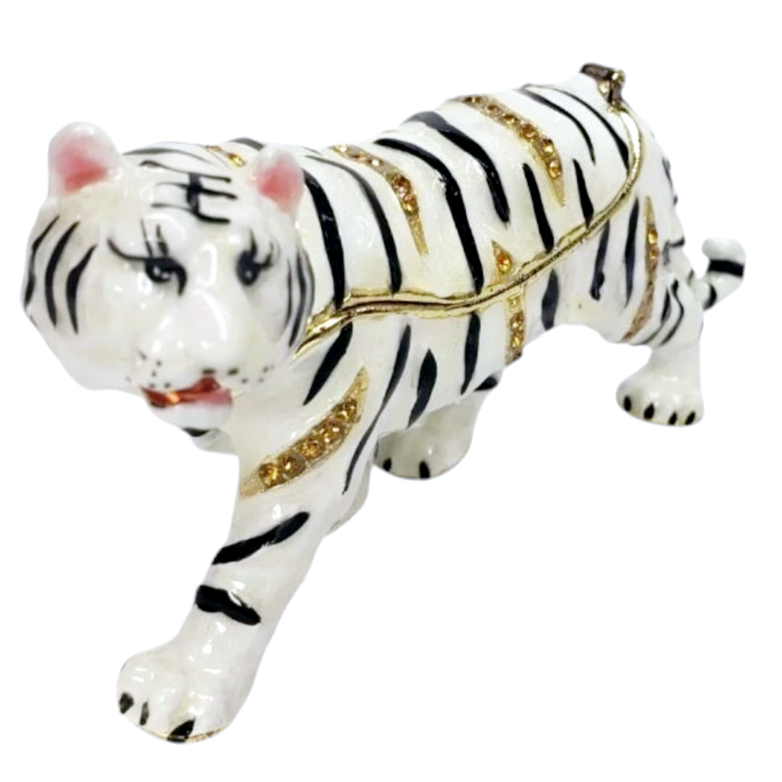 New *Bejeweled Enamel & Rhinestone White Bengal Tiger Trinket Box by Jere