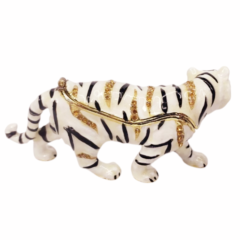 New *Bejeweled Enamel & Rhinestone White Bengal Tiger Trinket Box by Jere
