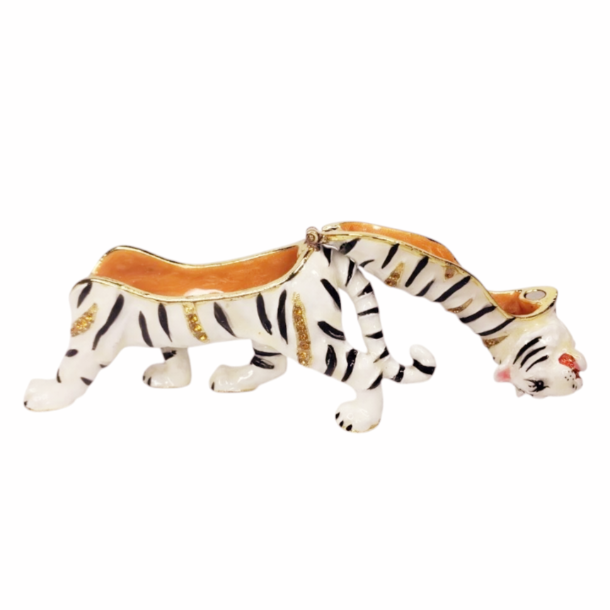 New *Bejeweled Enamel & Rhinestone White Bengal Tiger Trinket Box by Jere
