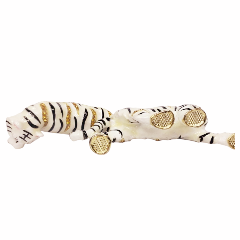 New *Bejeweled Enamel & Rhinestone White Bengal Tiger Trinket Box by Jere