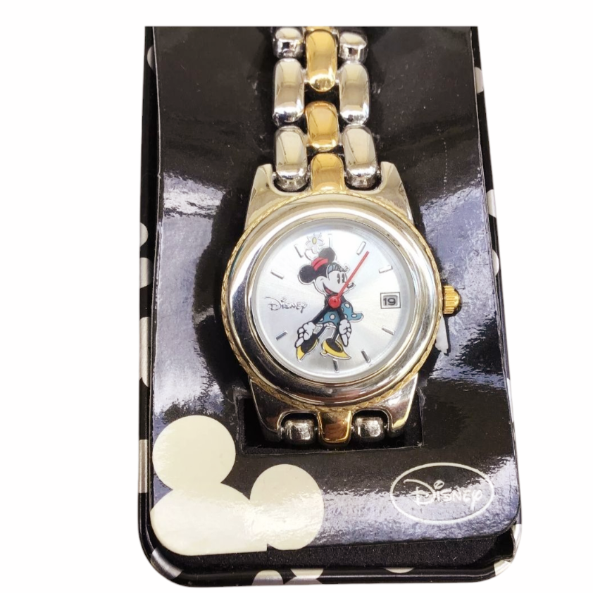 DISNEY *Accutime Watch Minnie Mouse Blue Skirt w/Date Stainless Steel in Box