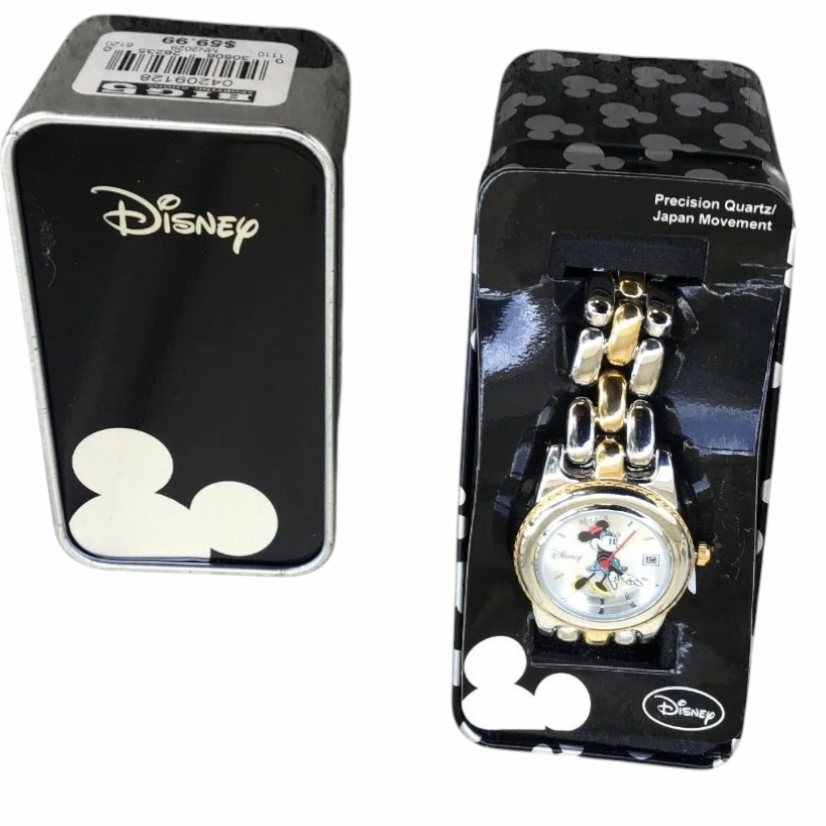 DISNEY *Accutime Watch Minnie Mouse Blue Skirt w/Date Stainless Steel in Box