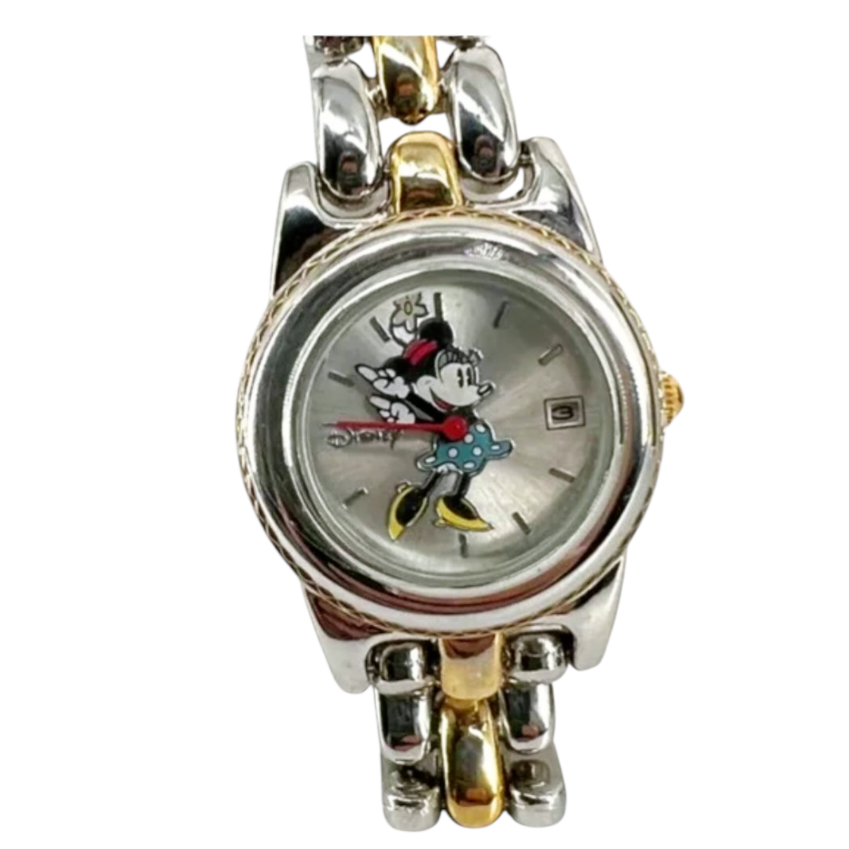 DISNEY *Accutime Watch Minnie Mouse Blue Skirt w/Date Stainless Steel in Box