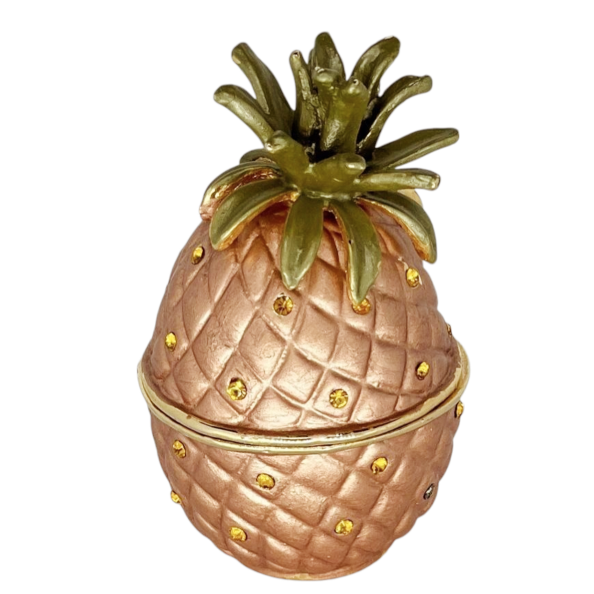 Bejeweled Enameled Minature *PINEAPPLE Magnetic Figural Trinket Pill Box