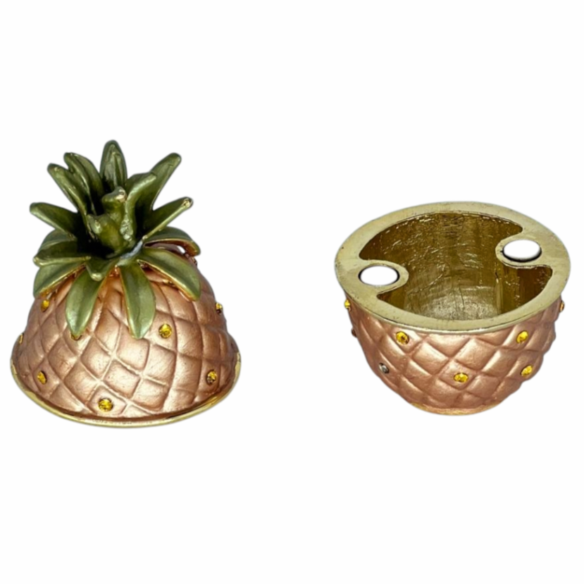 Bejeweled Enameled Minature *PINEAPPLE Magnetic Figural Trinket Pill Box