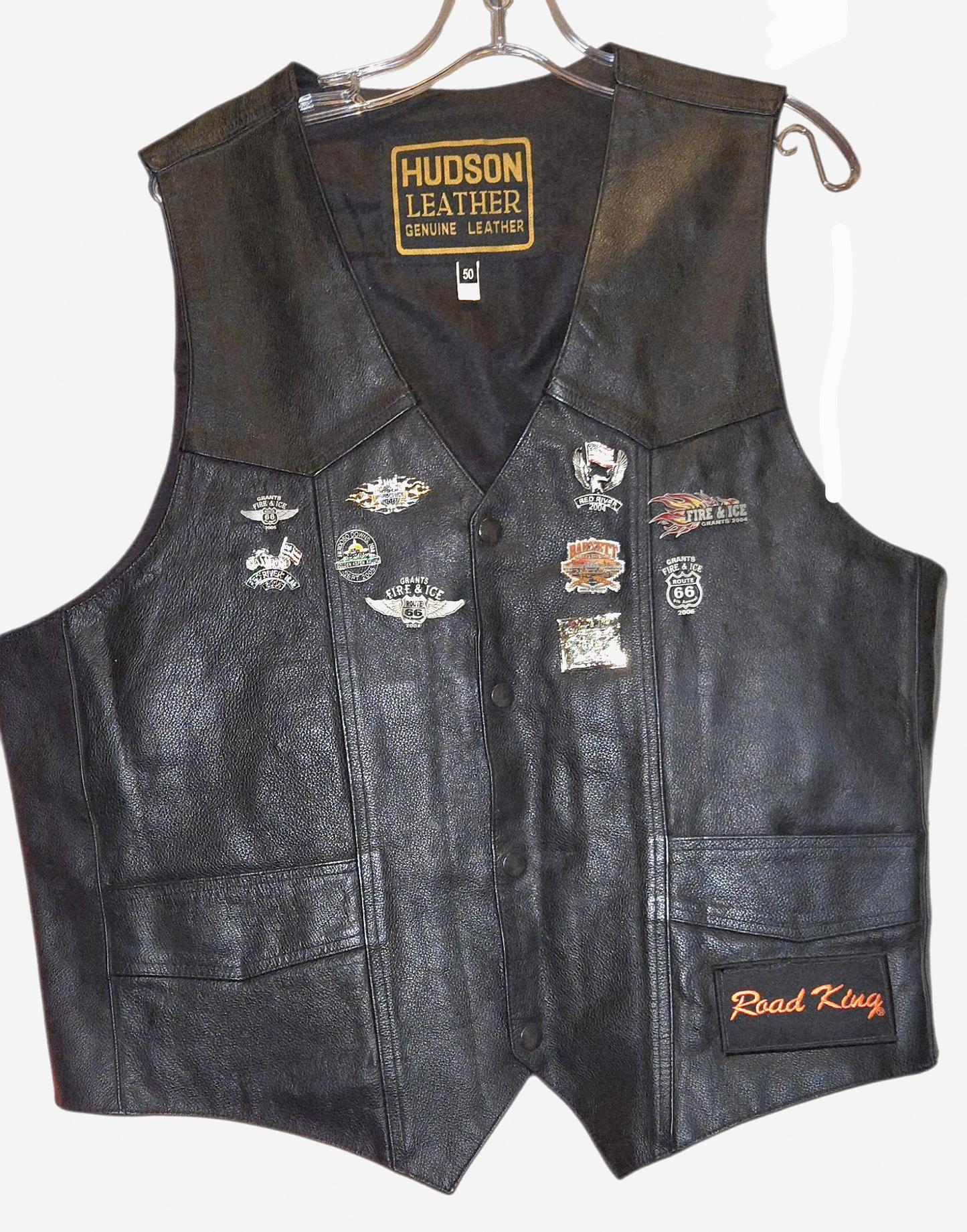 Great *HUDSON Black Leather Biker Vest w/ (10) Motorcycle Pins (sz 50/XL)