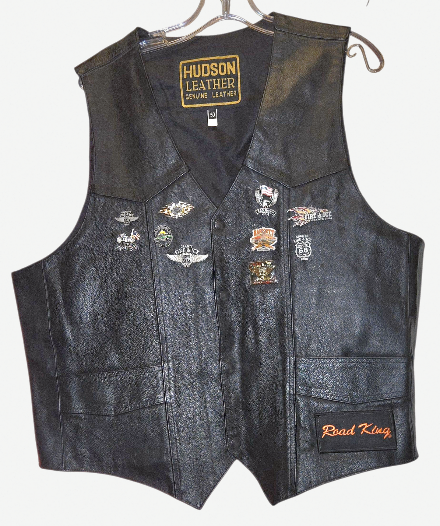 Great *HUDSON Black Leather Biker Vest w/ (10) Motorcycle Pins (sz 50/XL)