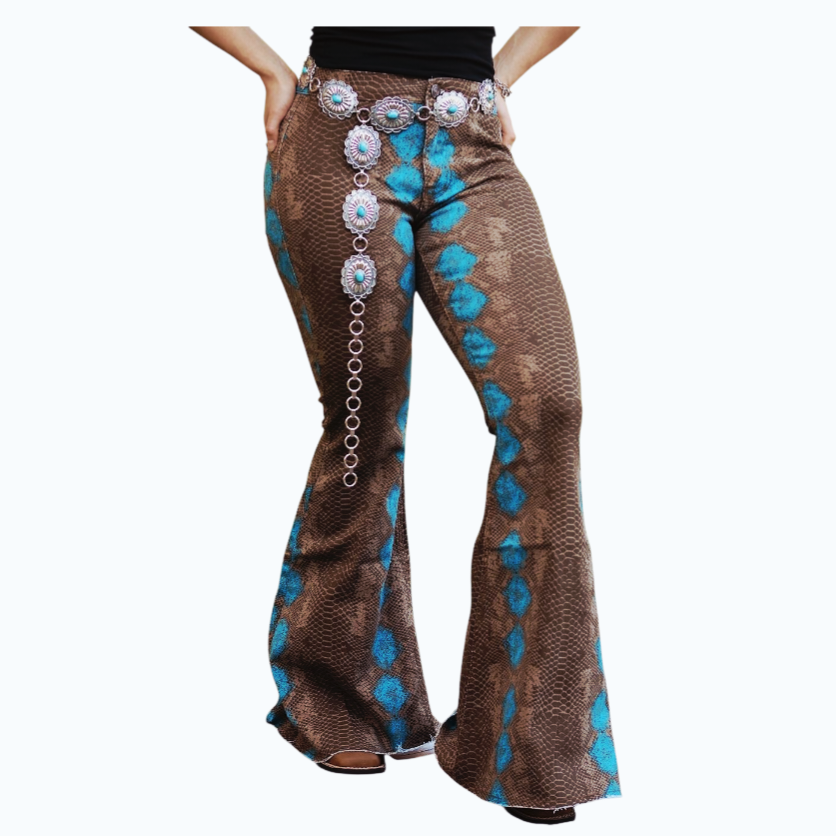 NWT *Rock & Roll Denim Ladies High Rise Brown Python Bell Botton (31x32)