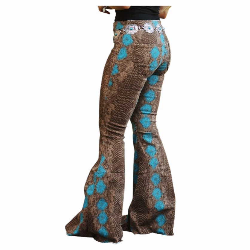 NWT *Rock & Roll Denim Ladies High Rise Brown Python Bell Botton (31x32)