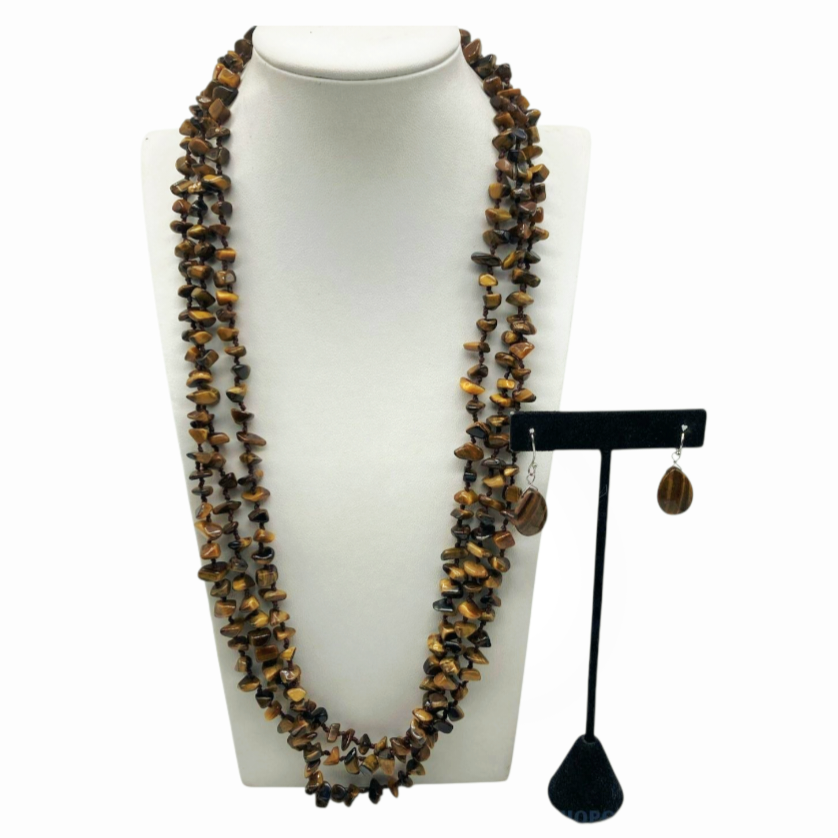 Beautiful *Sterling Silver/Tiger's Eye Extra Long Necklace & Matching Earrings