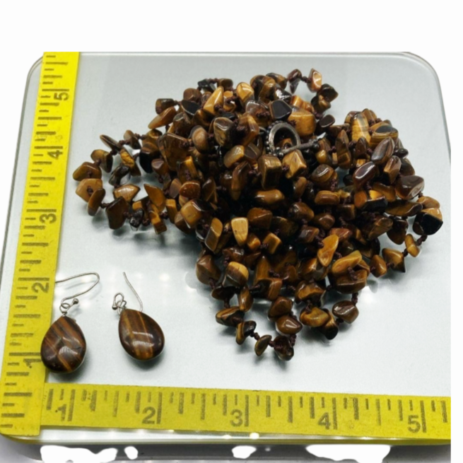 Beautiful *Sterling Silver/Tiger's Eye Extra Long Necklace & Matching Earrings