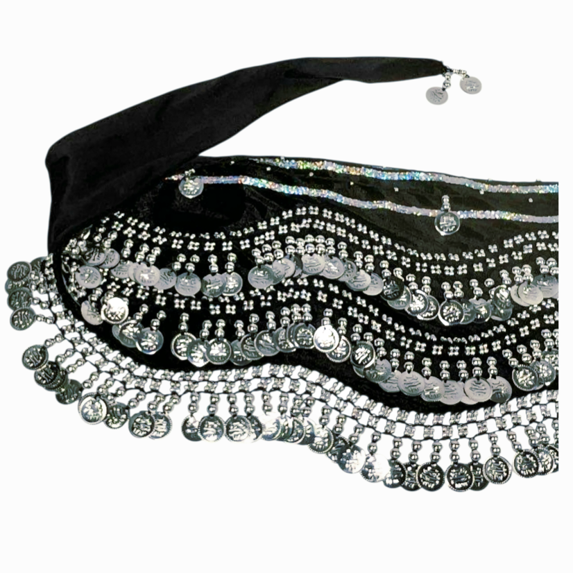 Beautiful *Women's Black Belly Dance Wave Shape Hip Scarf w/ Silver Coins (60")