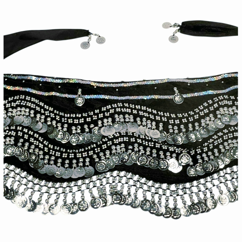 Beautiful *Women's Black Belly Dance Wave Shape Hip Scarf w/ Silver Coins (60")