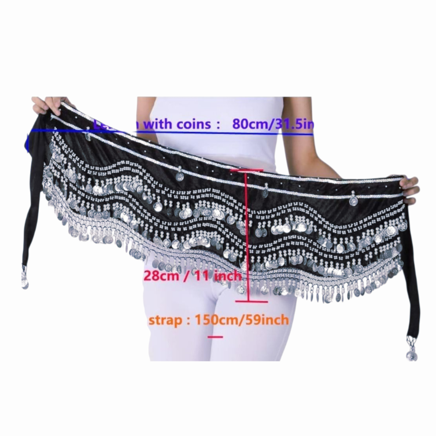 Beautiful *Women's Black Belly Dance Wave Shape Hip Scarf w/ Silver Coins (60")