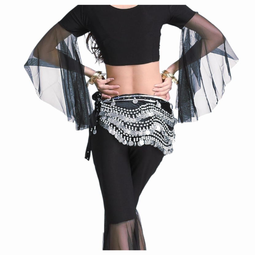 Beautiful *Women's Black Belly Dance Wave Shape Hip Scarf w/ Silver Coins (60")