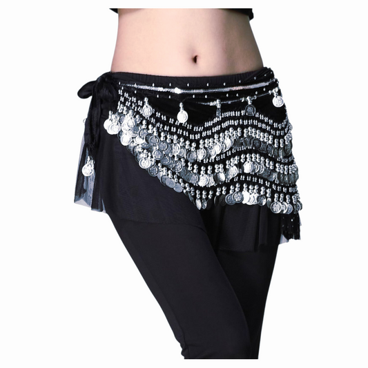 Beautiful *Women's Black Belly Dance Wave Shape Hip Scarf w/ Silver Coins (60")