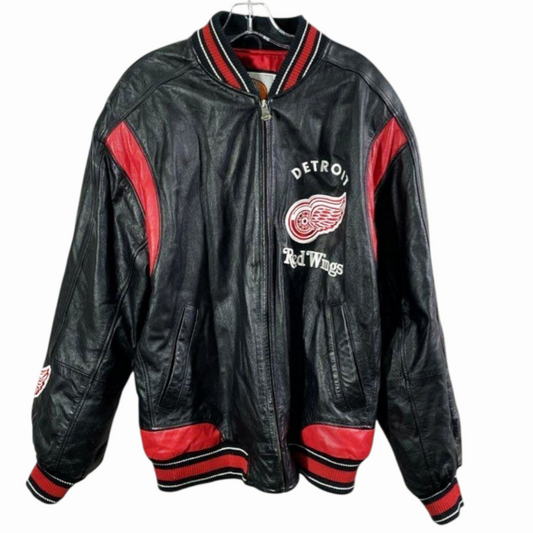 Vtg 90s *NHL Detroit Red Wings Red Embroidered Leather Varsity Jacket (L)
