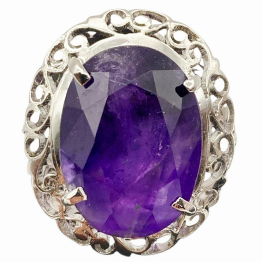 Stunning *Silver & Large Purple Amethyst Gem Stone Ring (Size 8.5)