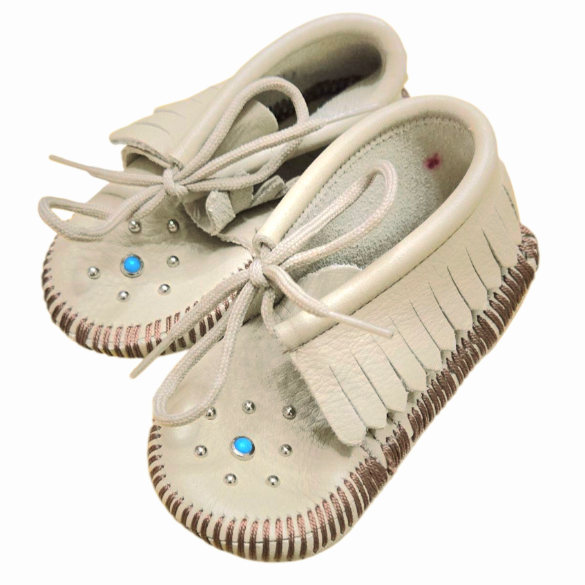 NIB *Adorable Tan Leather Beaded Baby Infant Moccasin Shoes (Size 5)