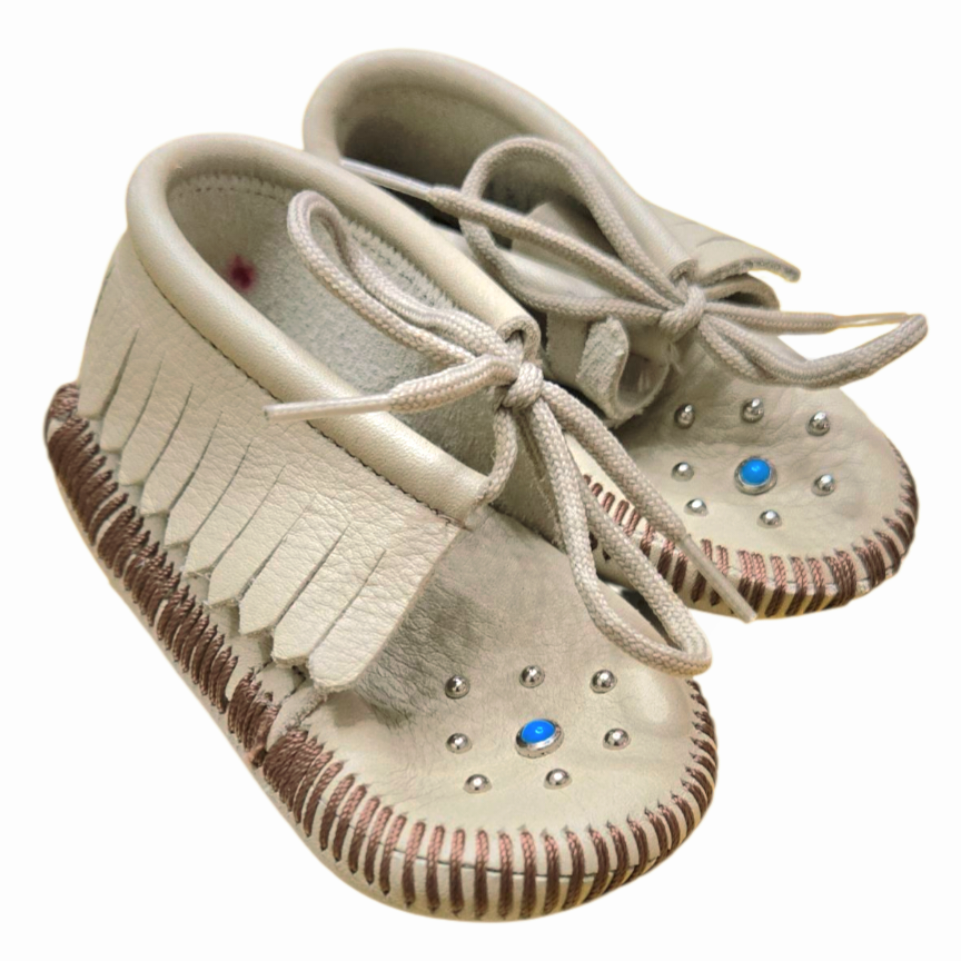 NIB *Adorable Tan Leather Beaded Baby Infant Moccasin Shoes (Size 5)