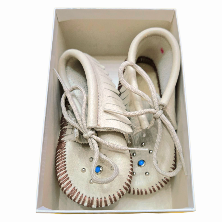 NIB *Adorable Tan Leather Beaded Baby Infant Moccasin Shoes (Size 5)